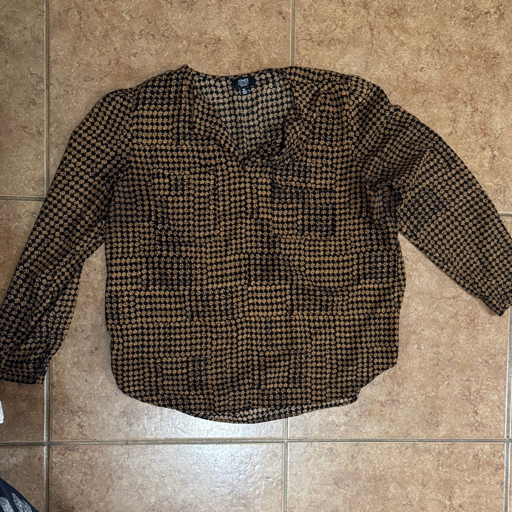 Jones New York Black and Brown Houndstooth Blouse